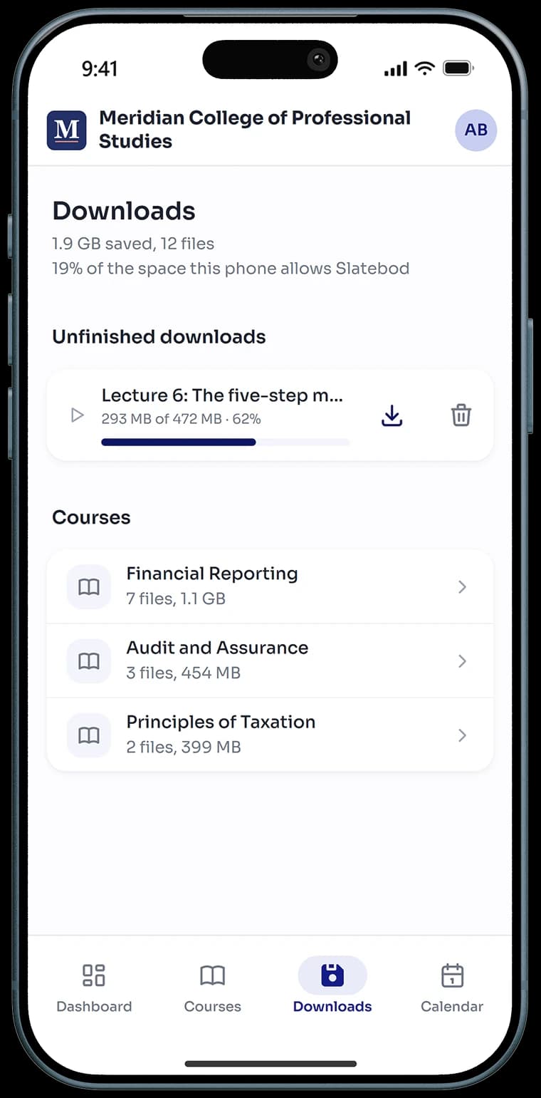 A phone with three Slatebod courses saved for offline use